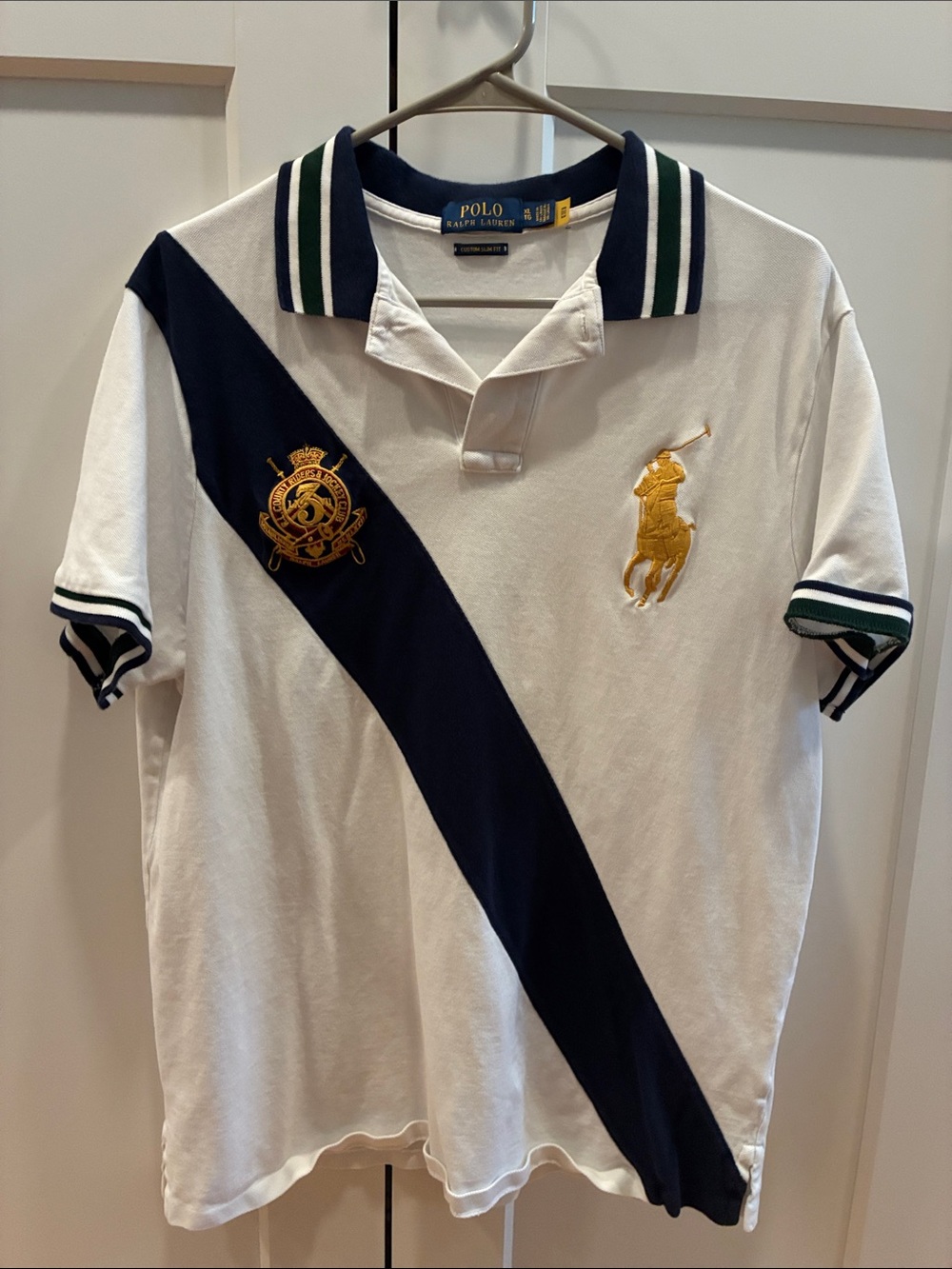 Polo by Ralph Lauren White & Navy Diagonal-Stripe Polo Shirt (Size XL Slim Fit)